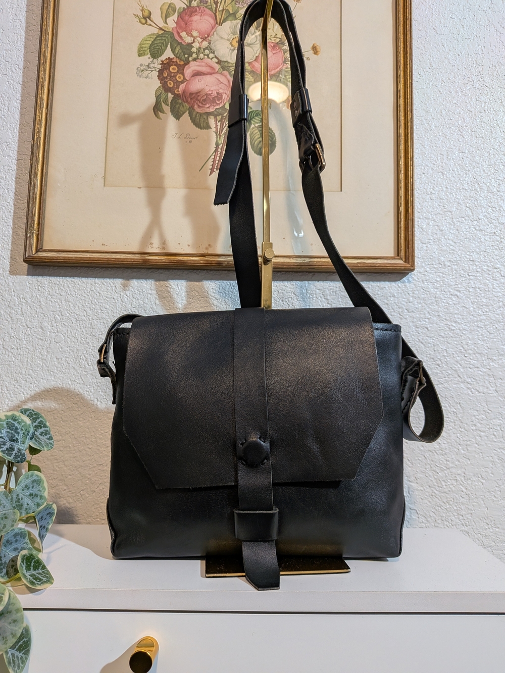 Black Leather Messenger Bag with Adjustable Strap